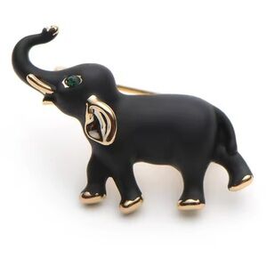 Elephant Black Gold Brooch with Green Eye